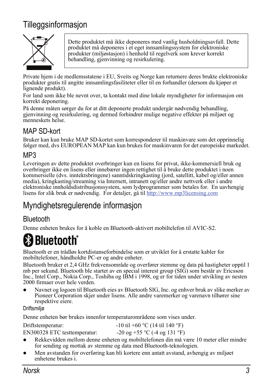 Tilleggsinformasjon, Map sd-kort, Myndighetsregulerende informasjon | Bluetooth, Driftsmiljø, Norsk 3 | Pioneer AVIC-S2 RU User Manual | Page 91 / 153