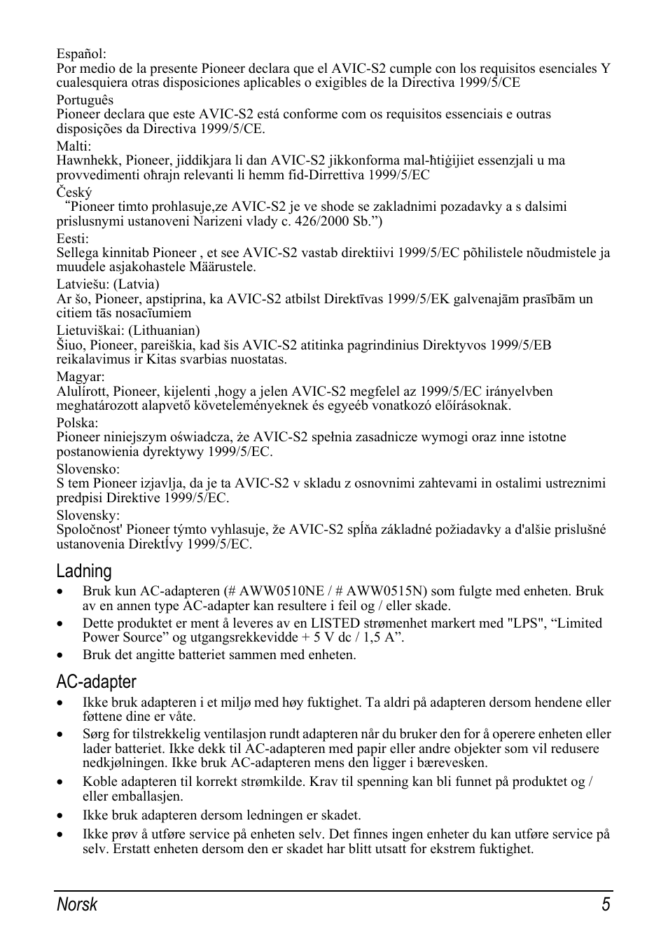 Ladning, Ac-adapter, Norsk 5 | Pioneer AVIC-S2 RU User Manual | Page 93 / 153