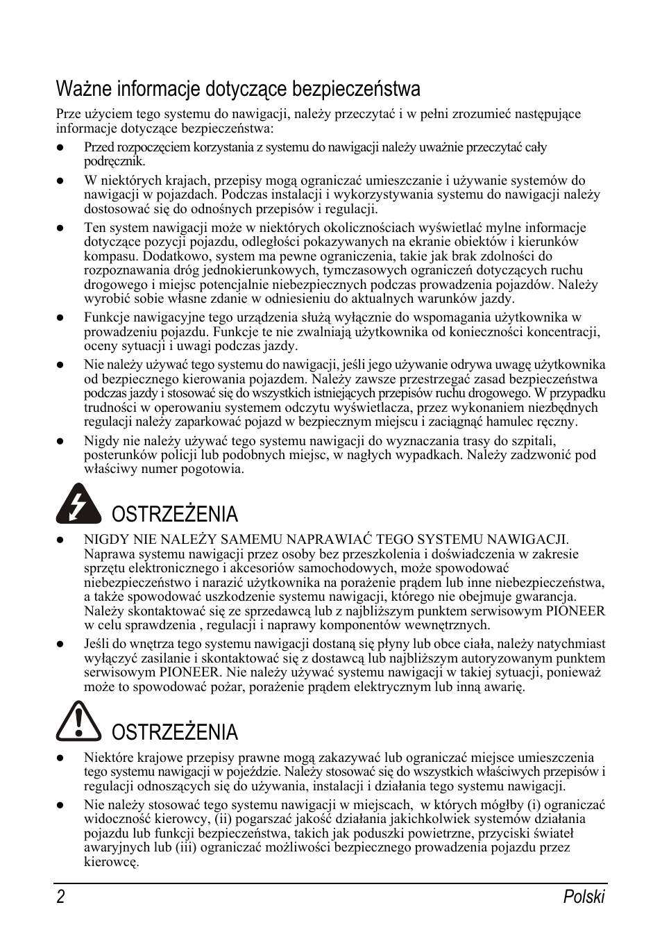 Ważne informacje dotyczące bezpieczeństwa, Ostrzeżenia, 2polski | Pioneer AVIC-S2 RU User Manual | Page 98 / 153