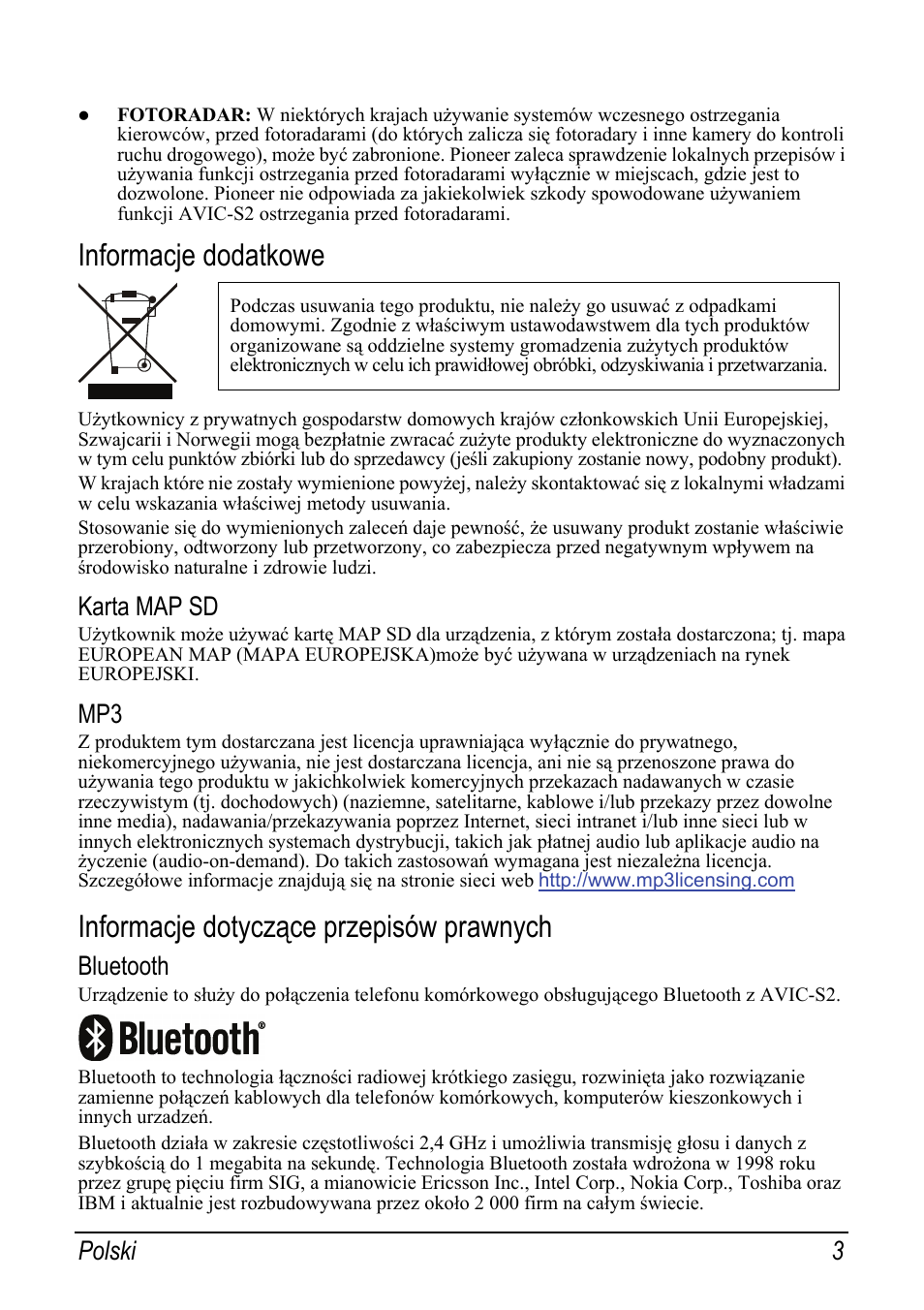 Informacje dodatkowe, Karta map sd, Informacje dotyczące przepisów prawnych | Bluetooth, Polski 3 | Pioneer AVIC-S2 RU User Manual | Page 99 / 153