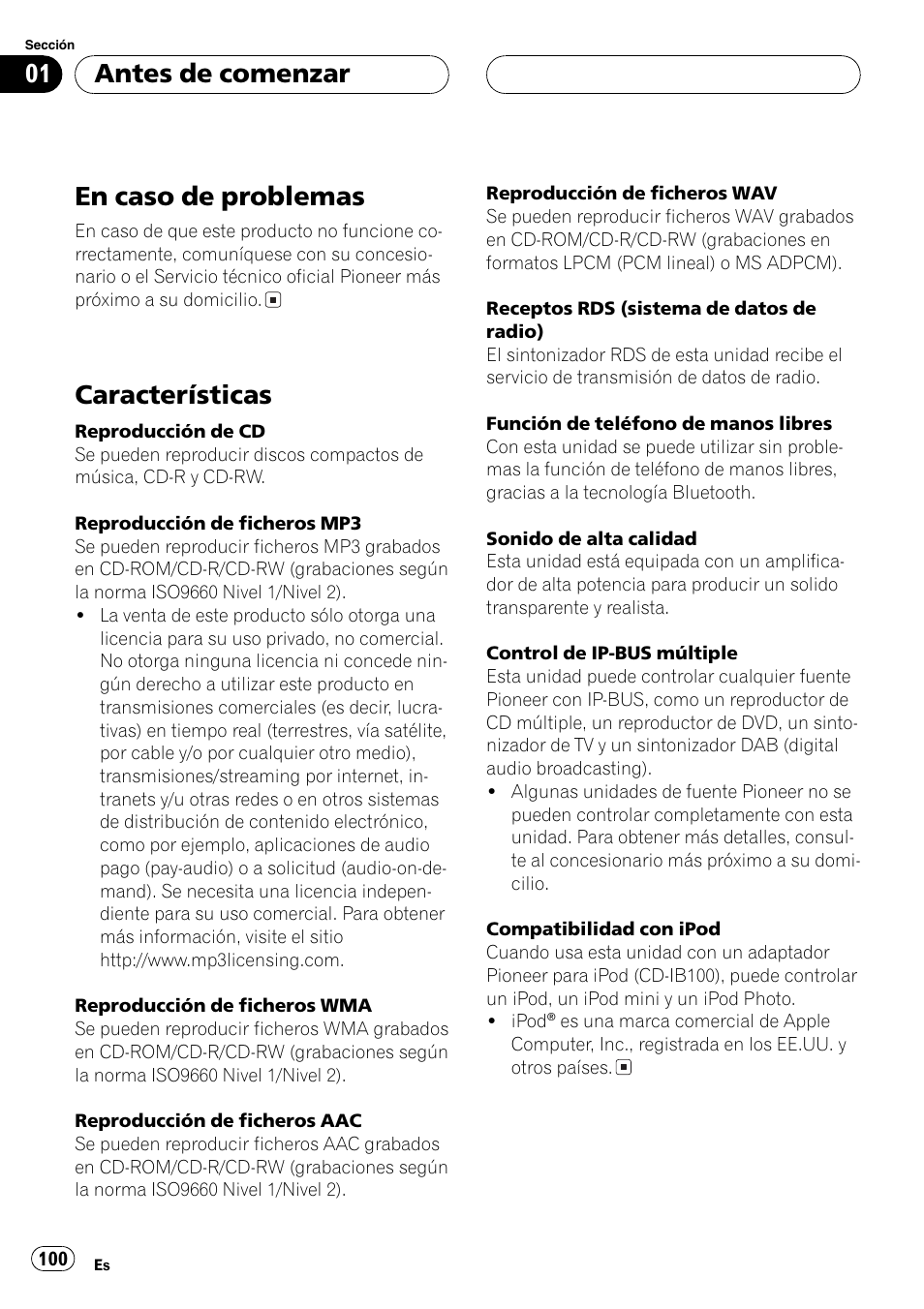 En caso de problemas 100, Características 100, En caso de problemas | Características, Antes de comenzar | Pioneer DEH-P70BT User Manual | Page 100 / 199