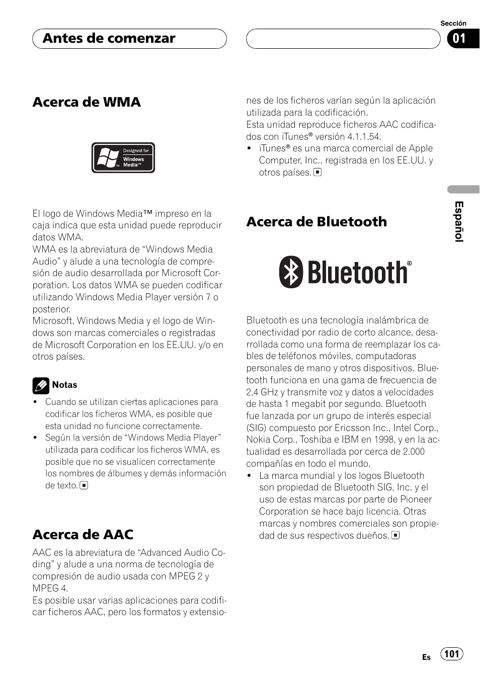 Acerca de wma 101, Acerca de aac 101, Acerca de bluetooth 101 | Acerca de wma, Acerca de aac, Acerca de bluetooth, Antes de comenzar | Pioneer DEH-P70BT User Manual | Page 101 / 199