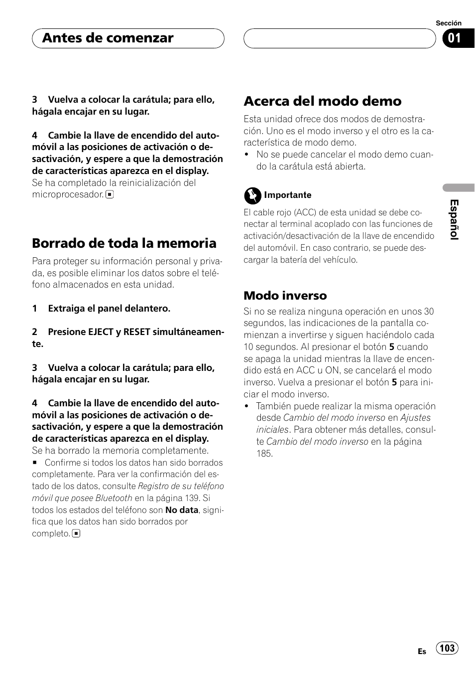 Borrado de toda la memoria 103, Acerca del modo demo 103, Modo inverso 103 | Acerca del modo demo, Antes de comenzar, Modo inverso | Pioneer DEH-P70BT User Manual | Page 103 / 199