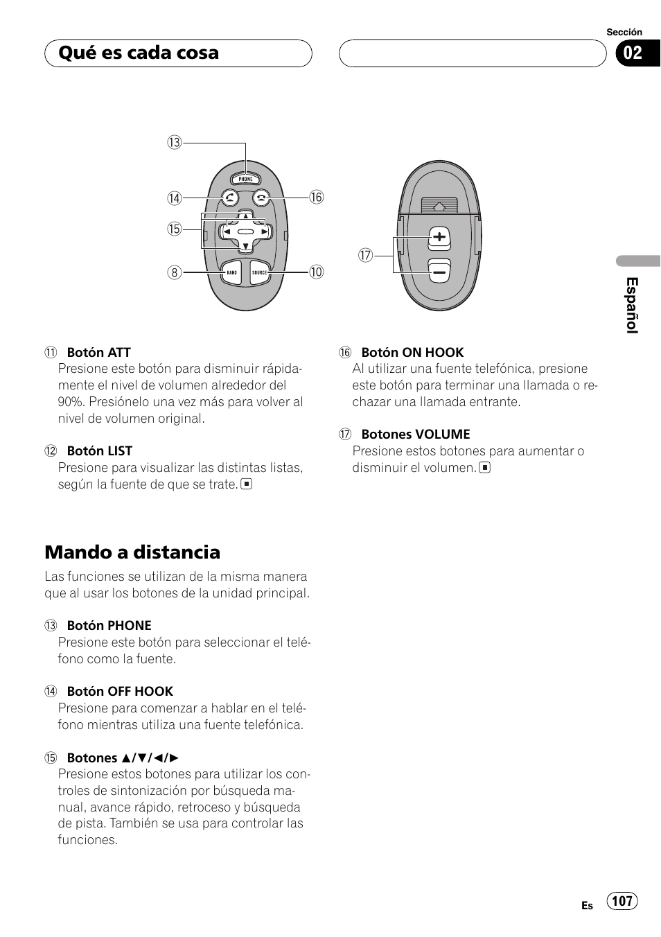 Mando a distancia 107, Mando a distancia, Qué es cada cosa | Pioneer DEH-P70BT User Manual | Page 107 / 199