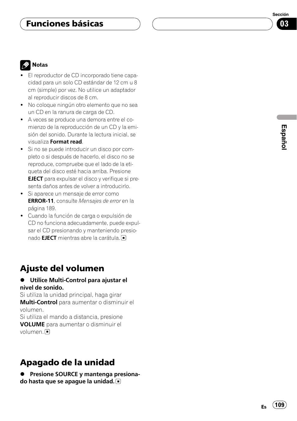 Ajuste del volumen 109, Apagado de la unidad 109, Ajuste del volumen | Apagado de la unidad, Funciones básicas | Pioneer DEH-P70BT User Manual | Page 109 / 199