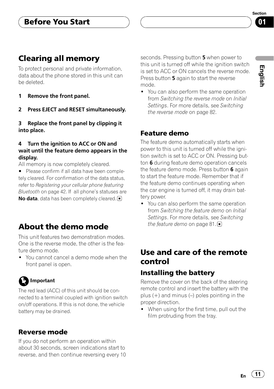 Clearing all memory 11 about the demo mode 11, Reverse mode 11, Feature demo 11 | Use and care of the remote control 11, Installing the battery 11, About the demo mode, Use and care of the remote control, Before you start | Pioneer DEH-P70BT User Manual | Page 11 / 199