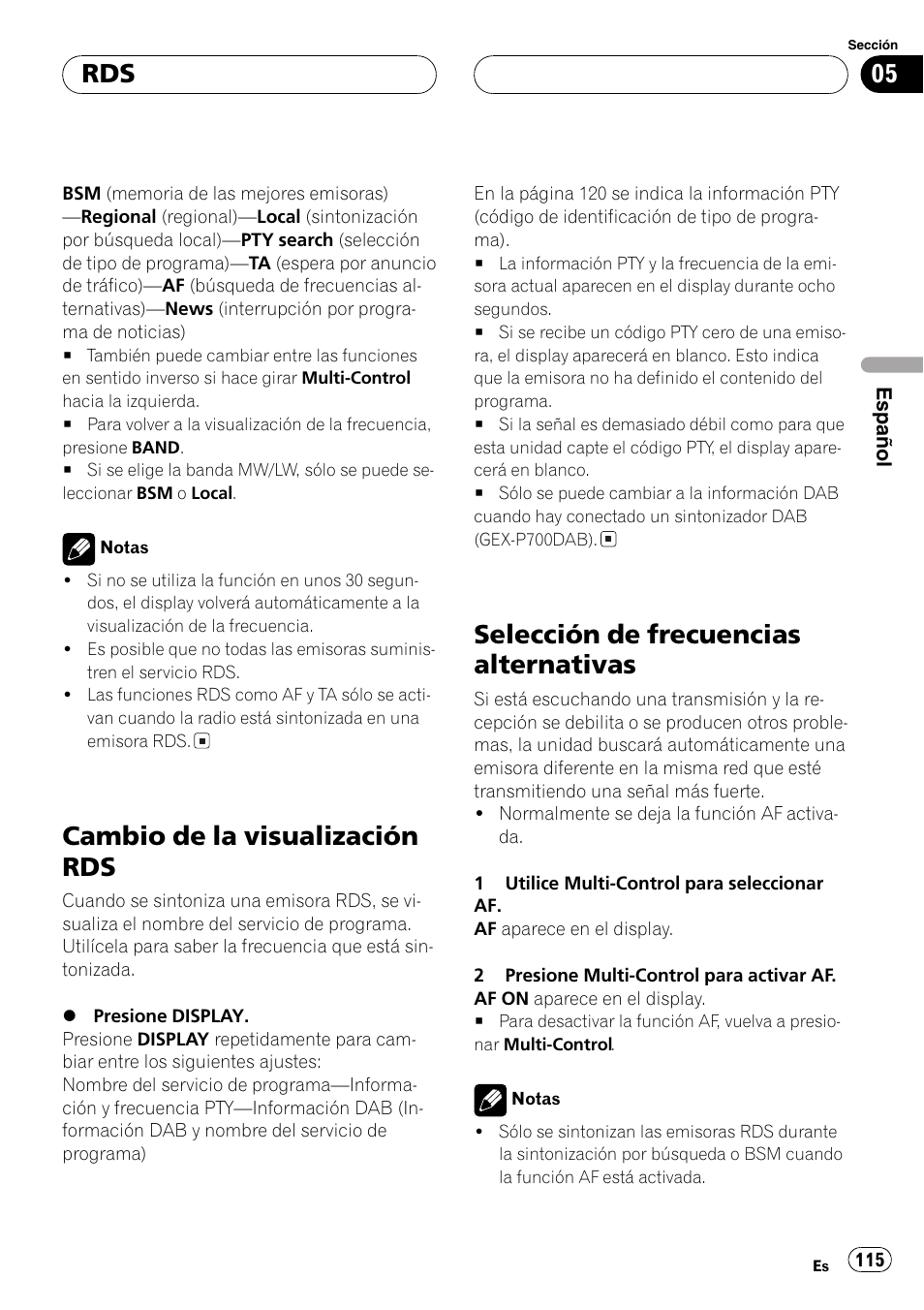 Cambio de la visualización rds 115, Selección de frecuencias alternativas 115, Cambio de la visualización rds | Selección de frecuencias alternativas | Pioneer DEH-P70BT User Manual | Page 115 / 199