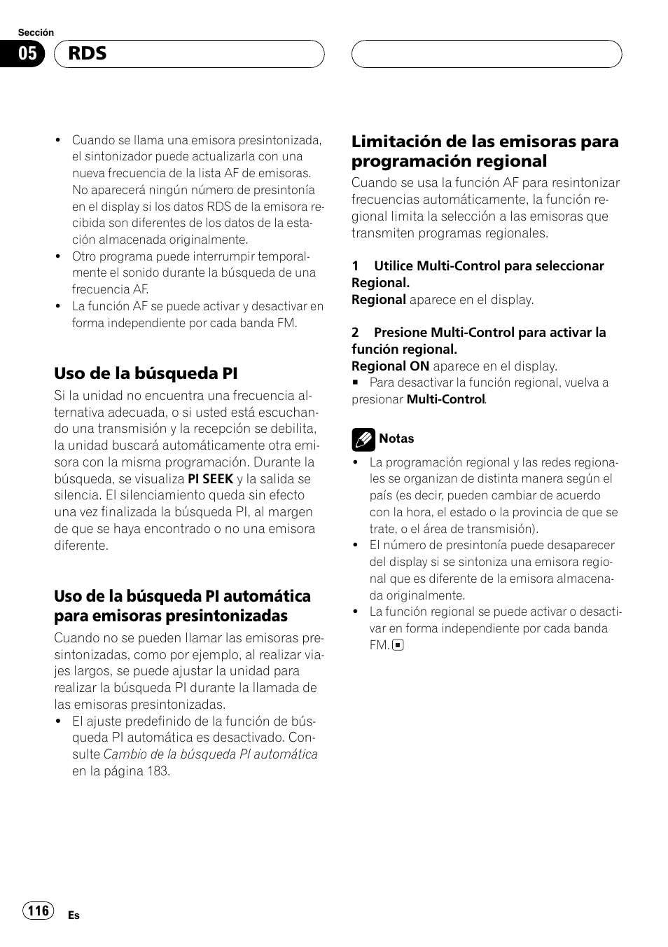 Uso de la búsqueda pi 116, Uso de la búsqueda pi automática, Para emisoras presintonizadas 116 | Limitación de las emisoras para, Programación regional 116, Uso de la búsqueda pi | Pioneer DEH-P70BT User Manual | Page 116 / 199