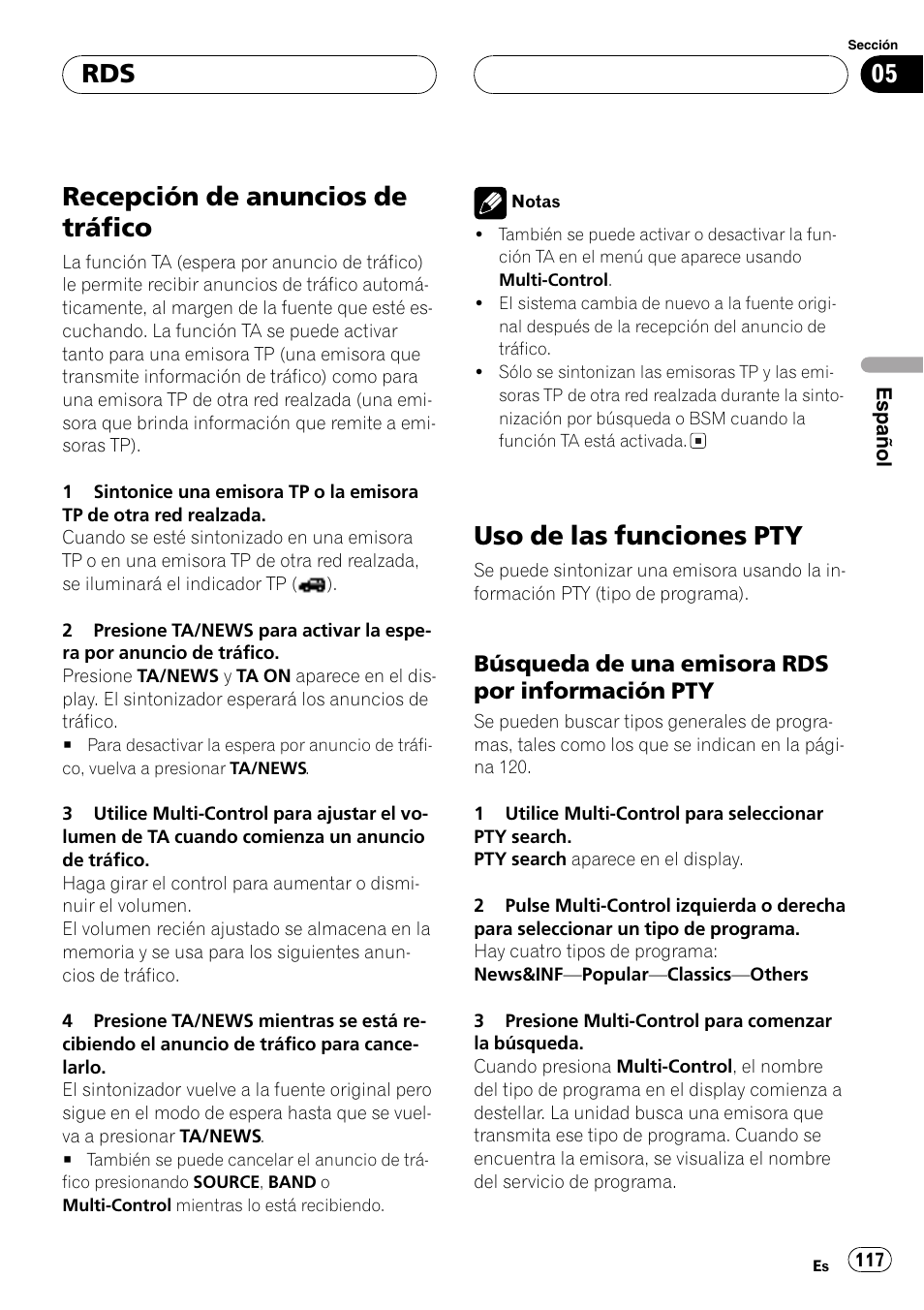 Recepción de anuncios de tráfico 117, Uso de las funciones pty 117, Búsqueda de una emisora rds por | Información pty 117, Recepción de anuncios de tráfico, Uso de las funciones pty, Búsqueda de una emisora rds por información pty | Pioneer DEH-P70BT User Manual | Page 117 / 199