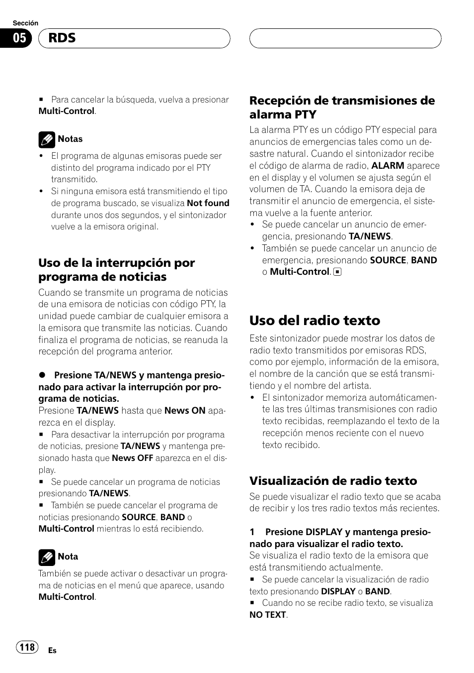 Uso de la interrupción por programa, De noticias 118, Recepción de transmisiones de | Alarma pty 118, Uso del radio texto 118, Visualización de radio texto 118, Uso del radio texto, Uso de la interrupción por programa de noticias, Recepción de transmisiones de alarma pty, Visualización de radio texto | Pioneer DEH-P70BT User Manual | Page 118 / 199