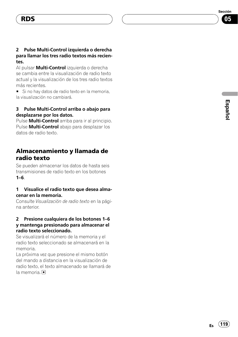 Almacenamiento y llamada de radio, Texto 119, Almacenamiento y llamada de radio texto | Pioneer DEH-P70BT User Manual | Page 119 / 199