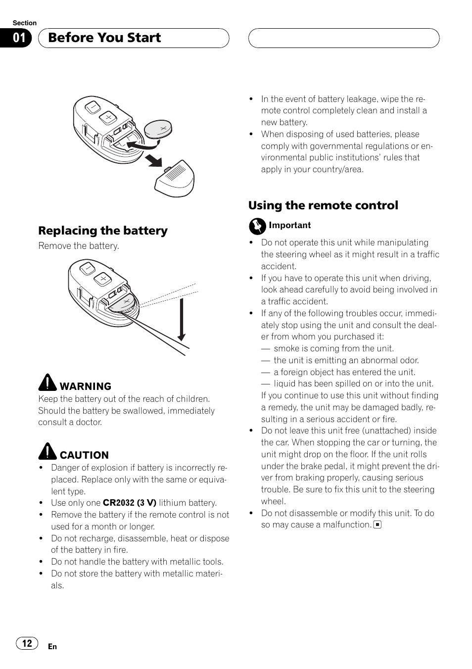 Replacing the battery 12, Using the remote control 12, Before you start | Replacing the battery, Using the remote control | Pioneer DEH-P70BT User Manual | Page 12 / 199