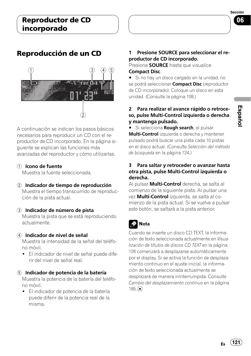 Reproductor de cdincorporado, Reproducción de un cd 121, Reproducción de un cd | Reproductor de cd incorporado | Pioneer DEH-P70BT User Manual | Page 121 / 199