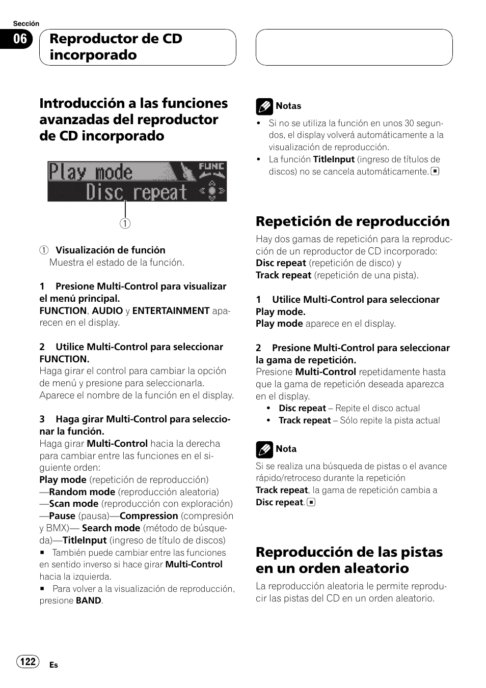 Introducción a las funciones avanzadas del, Reproductor de cd incorporado 122, Repetición de reproducción 122 | Reproducción de las pistas en un orden, Aleatorio 122, Guiente, Repetición de reproducción, Reproducción de las pistas en un orden aleatorio, Reproductor de cd incorporado | Pioneer DEH-P70BT User Manual | Page 122 / 199