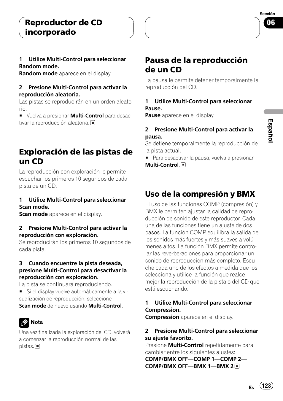 Exploración de las pistas de un cd 123, Pausa de la reproducción de un cd 123, Uso de la compresión y bmx 123 | Exploración de las pistas de un cd, Pausa de la reproducción de un cd, Uso de la compresión y bmx, Reproductor de cd incorporado | Pioneer DEH-P70BT User Manual | Page 123 / 199