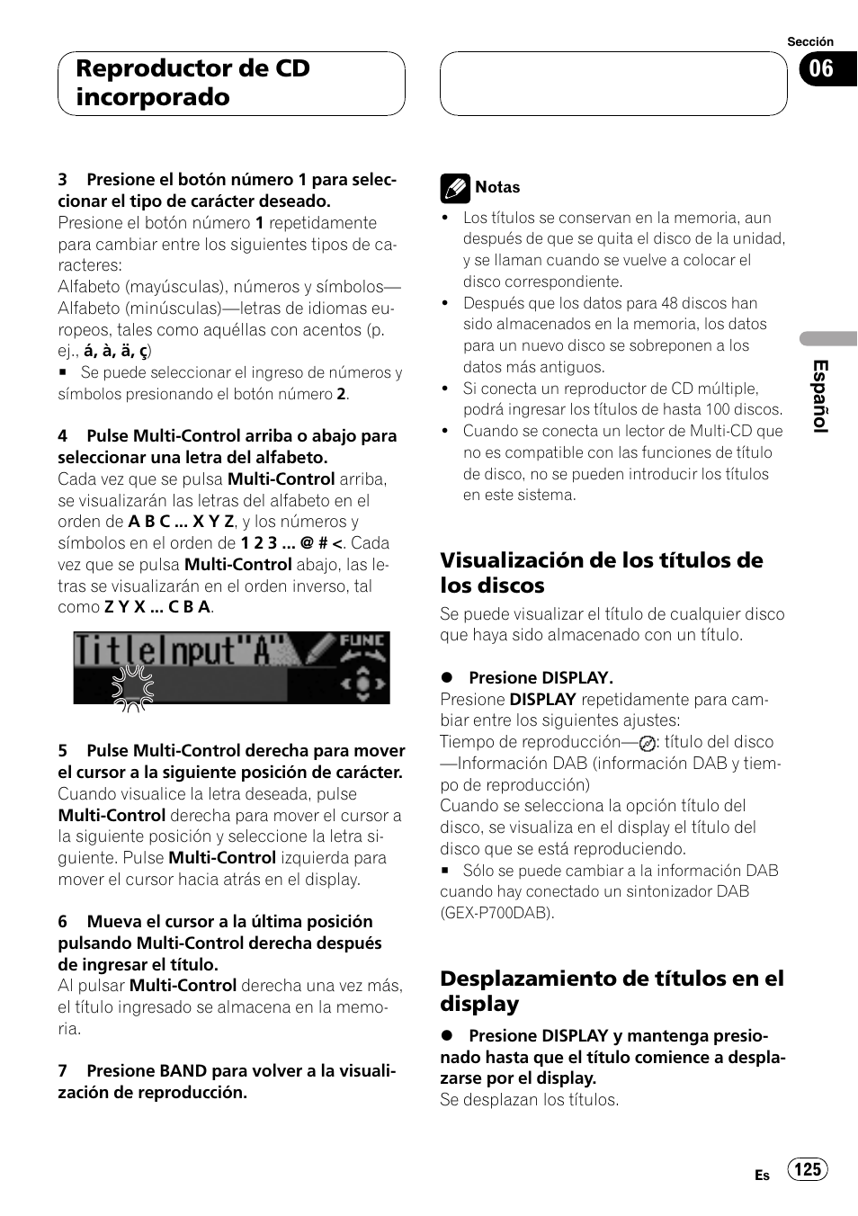 Visualización de los títulos de los, Discos 125, Desplazamiento de títulos en el | Display 125, Reproductor de cd incorporado, Visualización de los títulos de los discos, Desplazamiento de títulos en el display | Pioneer DEH-P70BT User Manual | Page 125 / 199