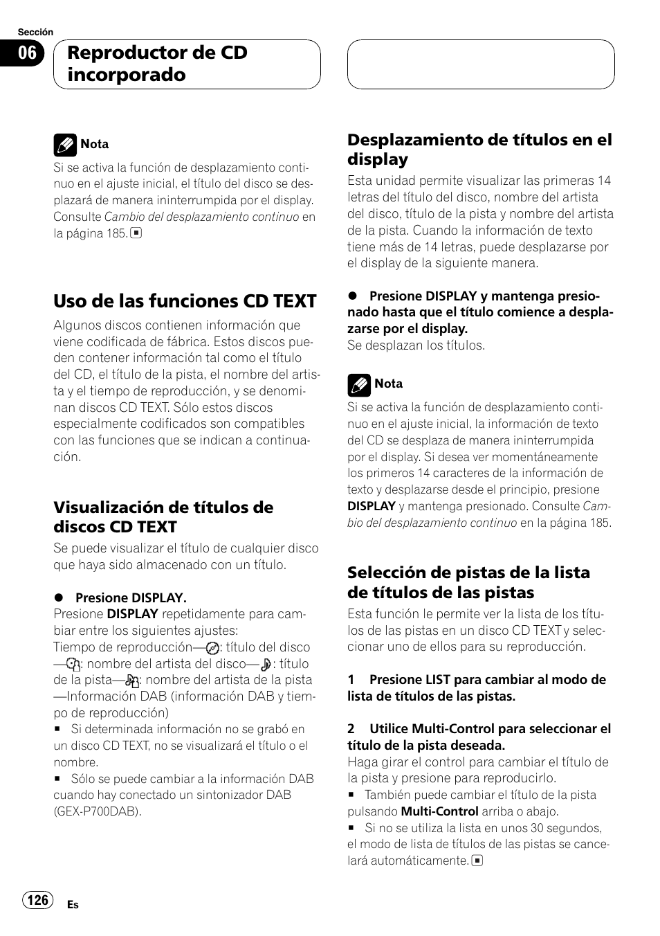 Uso de las funciones cd text 126, Visualización de títulos de discos cd, Text 126 | Desplazamiento de títulos en el, Display 126, Selección de pistas de la lista de, Títulos de las pistas 126, Uso de las funciones cd text, Reproductor de cd incorporado | Pioneer DEH-P70BT User Manual | Page 126 / 199