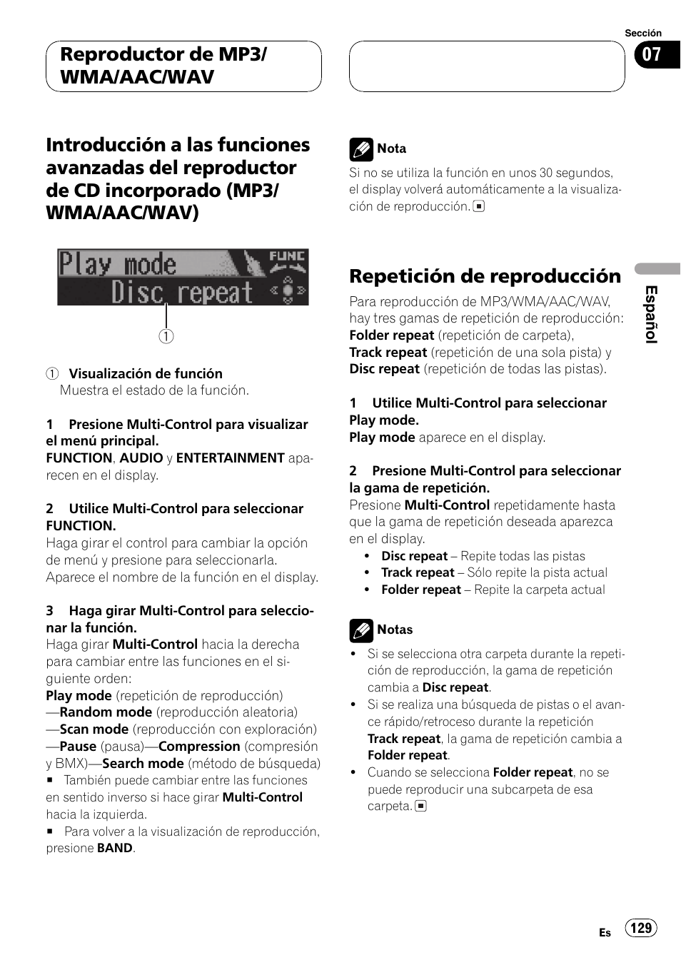 Introducción a las funciones avanzadas del, Reproductor de cd incorporado (mp3, Wma/aac/wav) 129 | Repetición de reproducción 129, Repetición de reproducción, Reproductor de mp3/ wma/aac/wav | Pioneer DEH-P70BT User Manual | Page 129 / 199