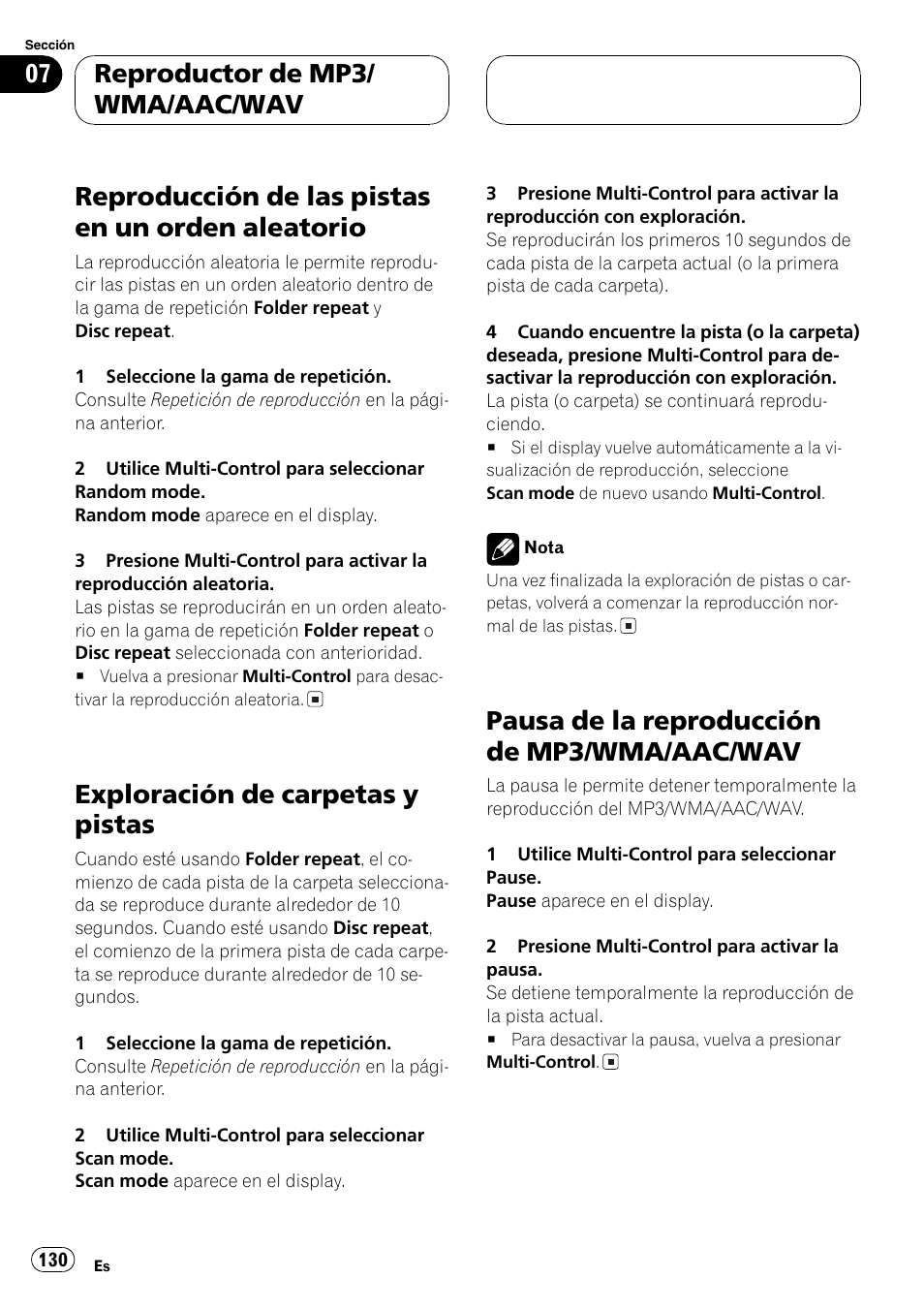 Reproducción de las pistas en un orden, Aleatorio 130, Exploración de carpetas y pistas 130 | Pausa de la reproducción de mp3/wma, Aac/wav 130, Reproducción de las pistas en un orden aleatorio, Exploración de carpetas y pistas, Pausa de la reproducción de mp3/wma/aac/wav, Reproductor de mp3/ wma/aac/wav | Pioneer DEH-P70BT User Manual | Page 130 / 199