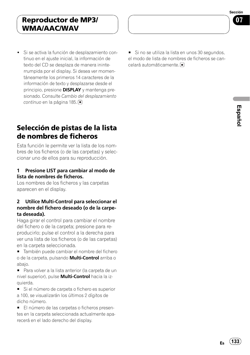 Selección de pistas de la lista de nombres de, Ficheros 133, Reproductor de mp3/ wma/aac/wav | Pioneer DEH-P70BT User Manual | Page 133 / 199