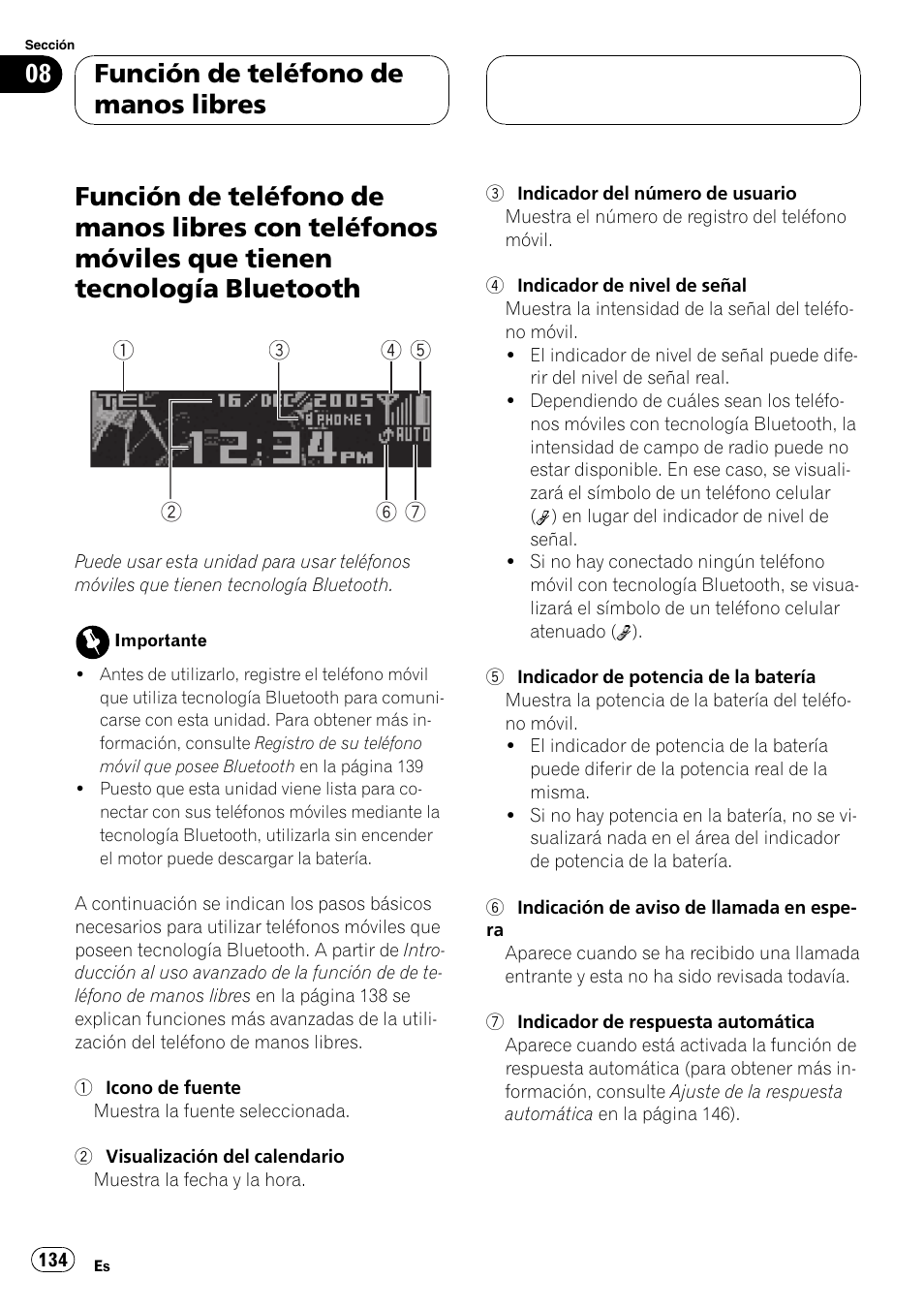 Función de teléfono de manos libres, Función de teléfono de manos libres con, Teléfonos móviles que tienen tecnología | Bluetooth 134 | Pioneer DEH-P70BT User Manual | Page 134 / 199