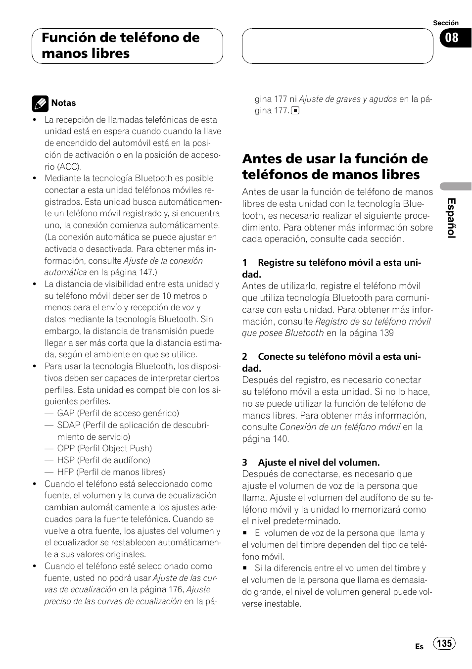 Antes de usar la función de teléfonos de, Manos libres 135, Función de teléfono de manos libres | Pioneer DEH-P70BT User Manual | Page 135 / 199