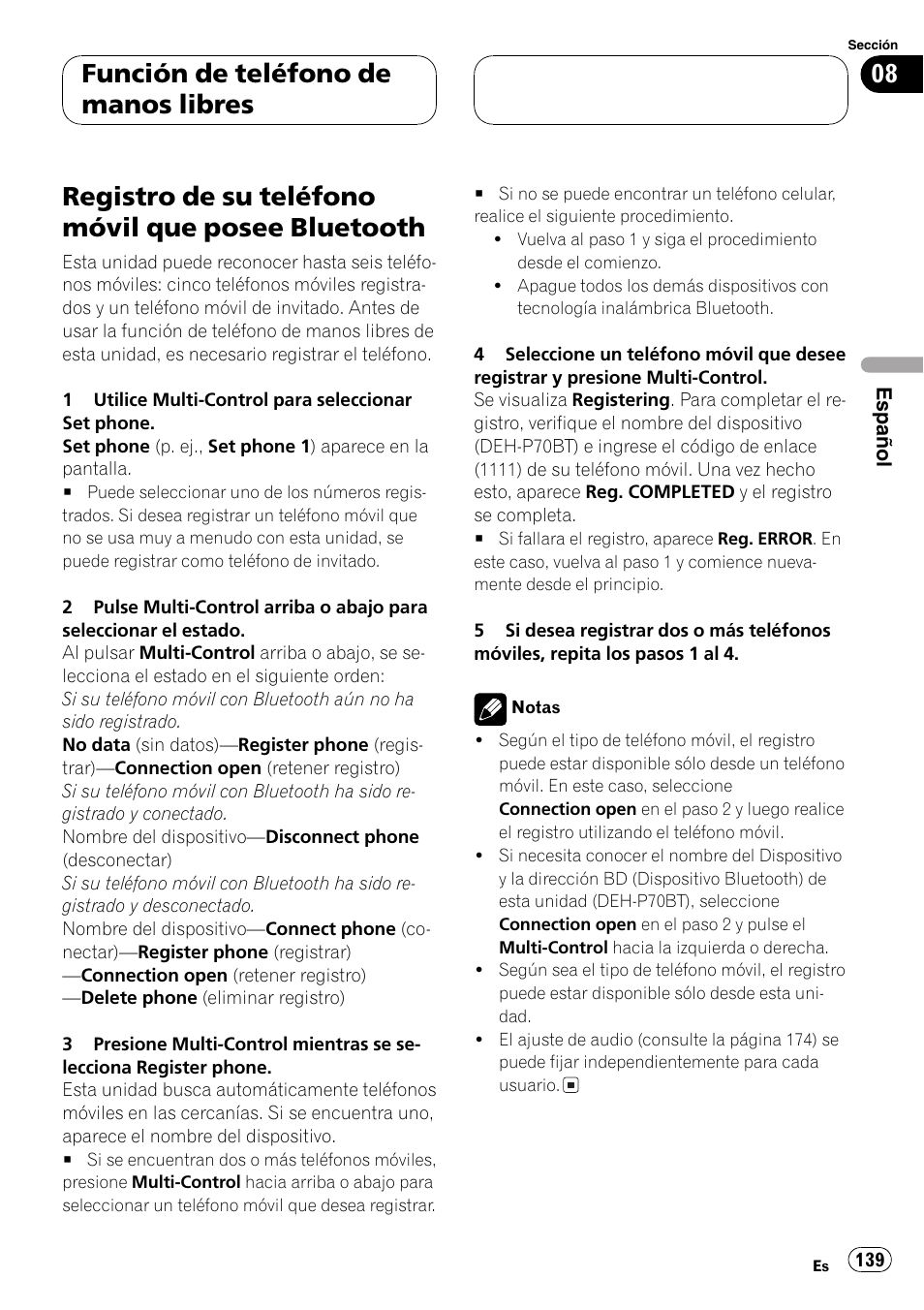 Registro de su teléfono móvil que posee, Bluetooth 139, Registro de su teléfono móvil | Registro de su teléfono móvil que posee bluetooth, Función de teléfono de manos libres | Pioneer DEH-P70BT User Manual | Page 139 / 199