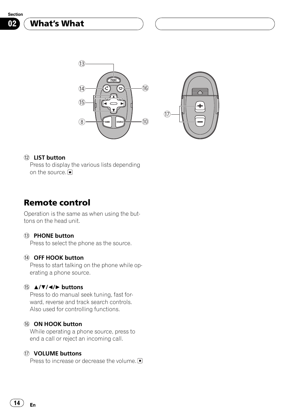 Remote control 14, Remote control, Whats what | Pioneer DEH-P70BT User Manual | Page 14 / 199