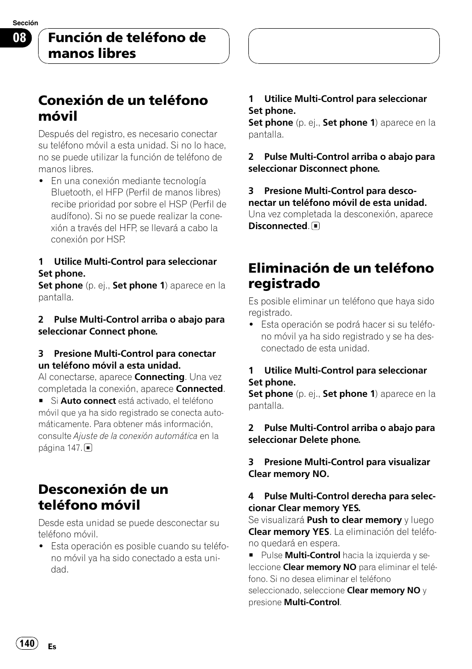 Conexión de un teléfono móvil 140, Desconexión de un teléfono móvil 140, Eliminación de un teléfono registrado 140 | Conexión de un teléfono móvil en la, Conexión de un teléfono móvil, Desconexión de un teléfono móvil, Eliminación de un teléfono registrado, Función de teléfono de manos libres | Pioneer DEH-P70BT User Manual | Page 140 / 199