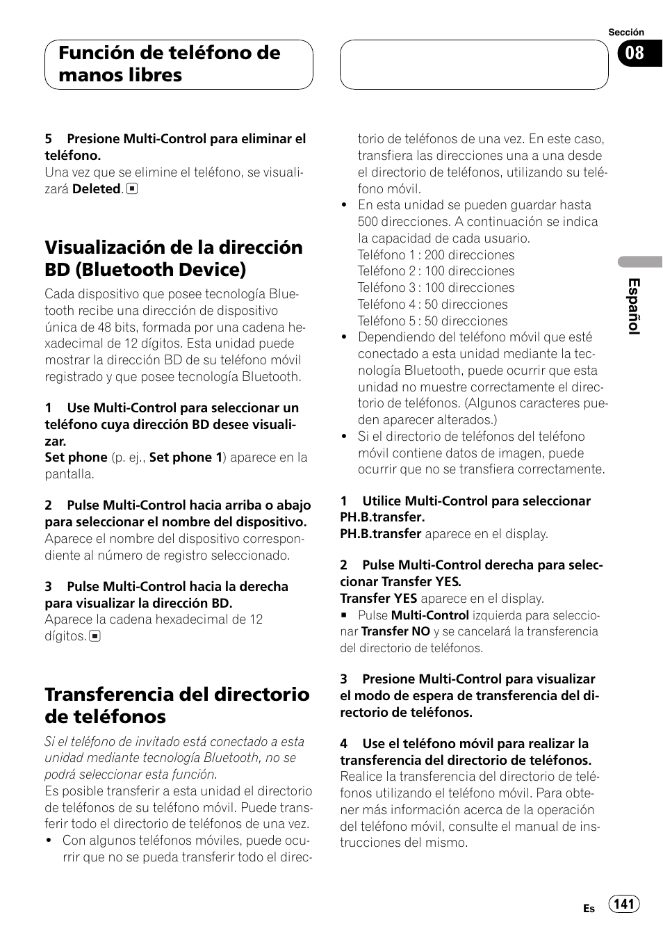Visualización de la dirección bd (bluetooth, Device) 141, Transferencia del directorio de | Teléfonos 141, Transferencia del directorio de teléfonos, Función de teléfono de manos libres | Pioneer DEH-P70BT User Manual | Page 141 / 199