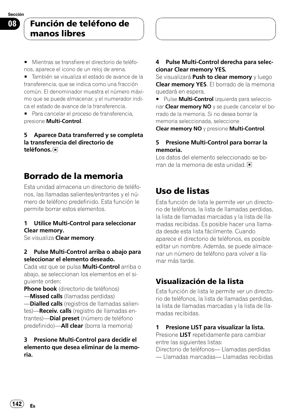 Borrado de la memoria 142, Uso de listas 142, Visualización de la lista 142 | Uso de listas, Función de teléfono de manos libres, Visualización de la lista | Pioneer DEH-P70BT User Manual | Page 142 / 199