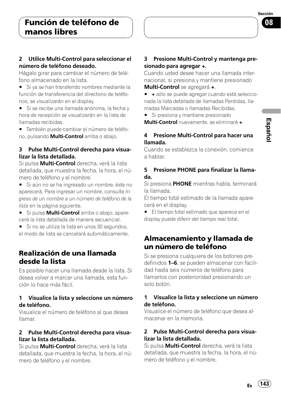 Realización de una llamada desde la, Lista 143, Almacenamiento y llamada de un | Número de teléfono 143, Función de teléfono de manos libres, Realización de una llamada desde la lista, Almacenamiento y llamada de un número de teléfono | Pioneer DEH-P70BT User Manual | Page 143 / 199