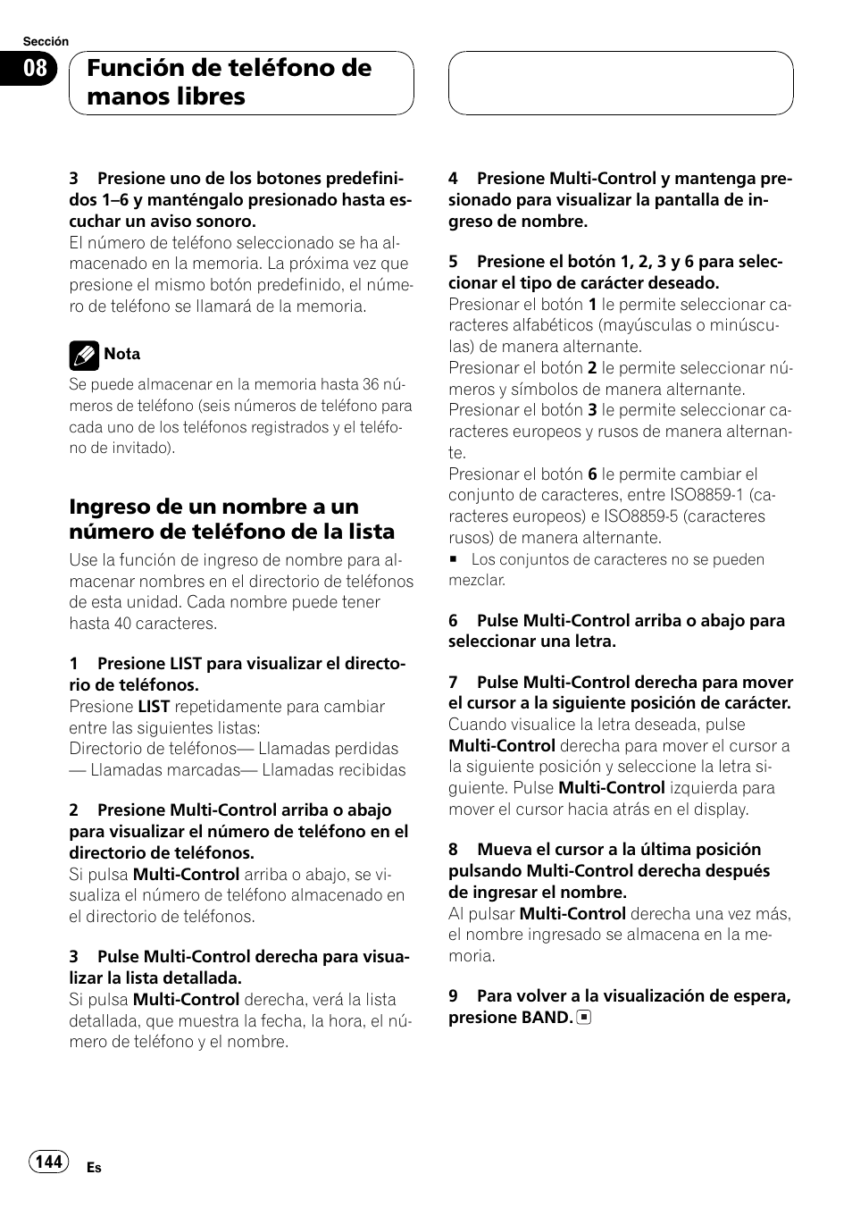 Ingreso de un nombre a un número, De teléfono de la lista 144, Función de teléfono de manos libres | Pioneer DEH-P70BT User Manual | Page 144 / 199