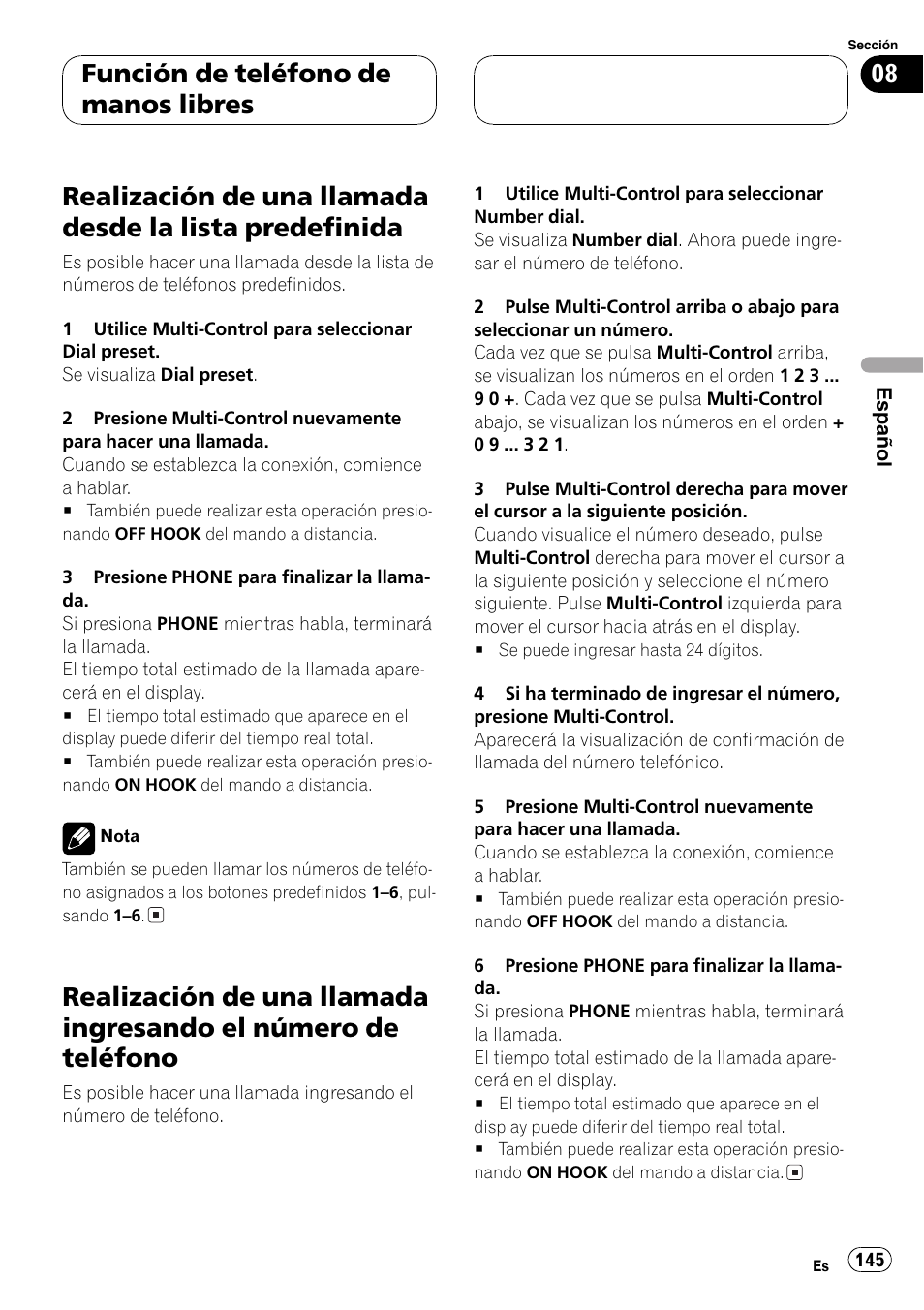 Realización de una llamada desde la lista, Predefinida 145, Realización de una llamada ingresando el | Número de teléfono 145, Realización, Función de teléfono de manos libres | Pioneer DEH-P70BT User Manual | Page 145 / 199
