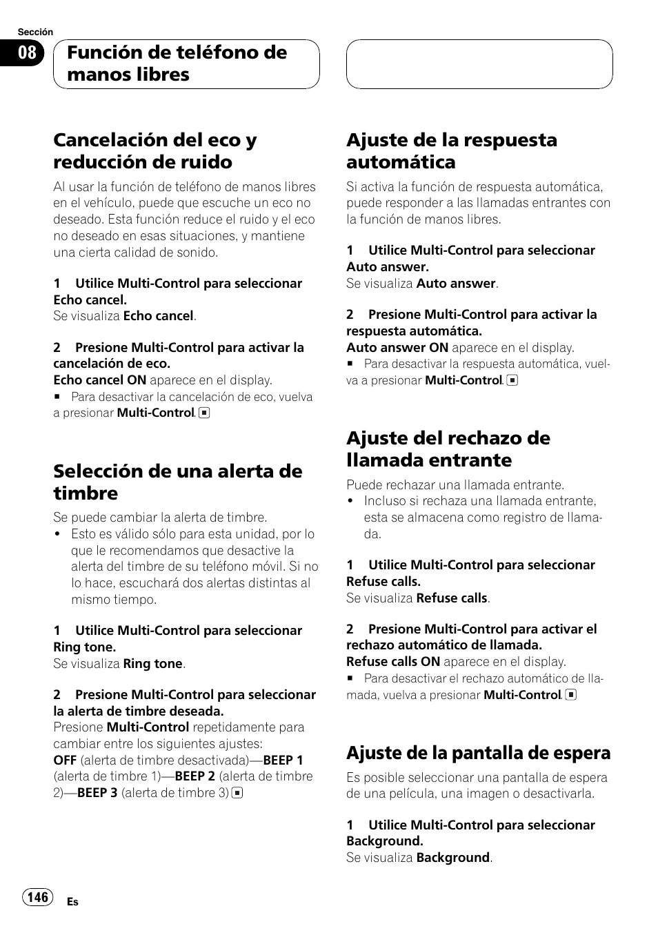 Cancelación del eco y reducción de, Ruido 146, Selección de una alerta de timbre 146 | Ajuste de la respuesta automática 146, Ajuste del rechazo de llamada entrante 146, Ajuste de la pantalla de espera 146, Ajuste de la respuesta, Cancelación del eco y reducción de ruido, Selección de una alerta de timbre, Ajuste de la respuesta automática | Pioneer DEH-P70BT User Manual | Page 146 / 199