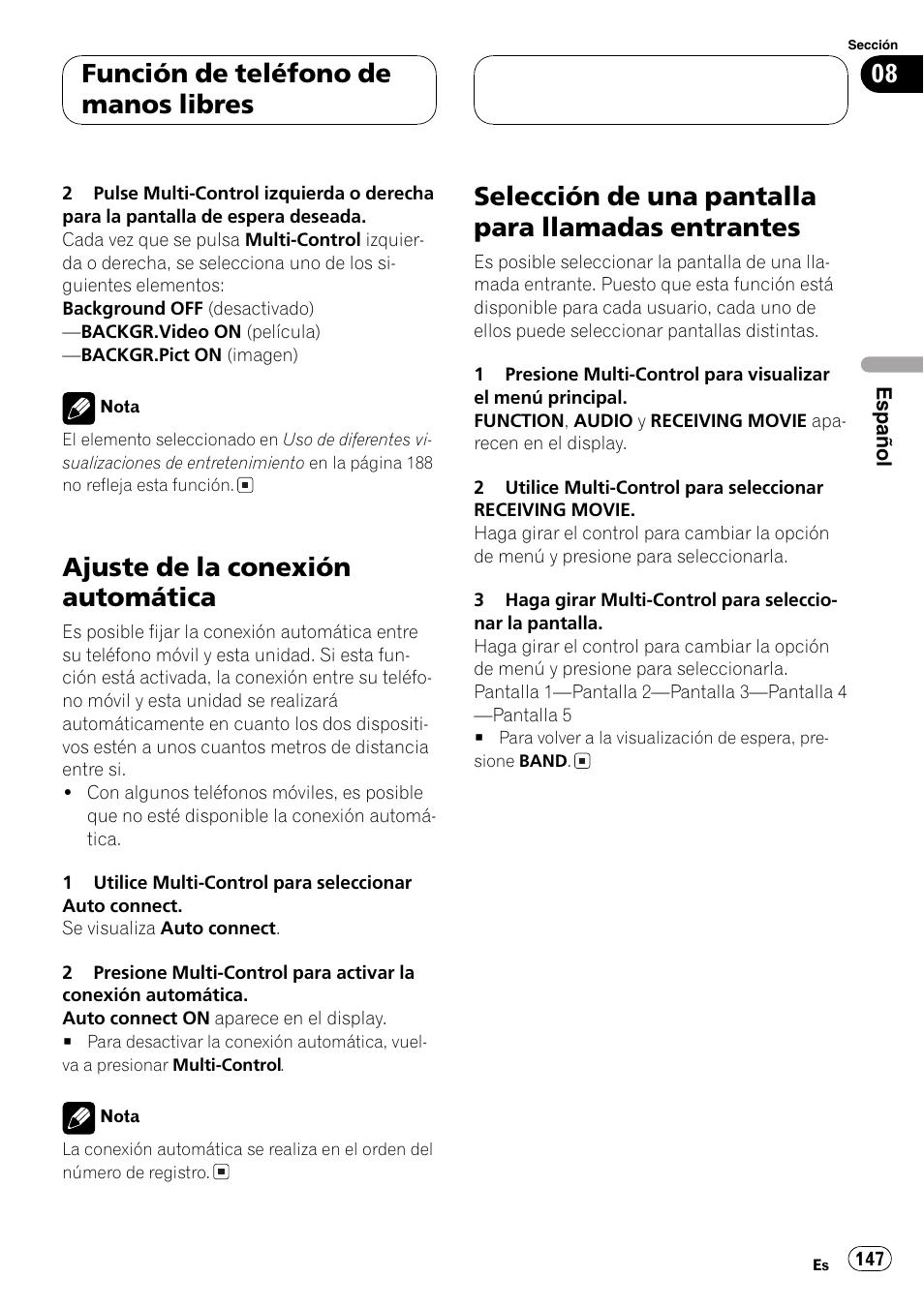 Ajuste de la conexión automática 147, Selección de una pantalla para llamadas, Entrantes 147 | Ajuste de la conexión automática, Selección de una pantalla para llamadas entrantes, Función de teléfono de manos libres | Pioneer DEH-P70BT User Manual | Page 147 / 199