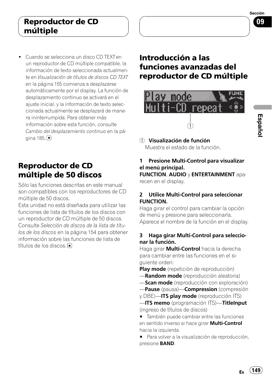 Reproductor de cd múltiple de 50, Discos 149, Introducción a las funciones avanzadas del | Reproductor de cd múltiple 149, Reproductor de cd múltiple de 50 discos, Reproductor de cd múltiple | Pioneer DEH-P70BT User Manual | Page 149 / 199