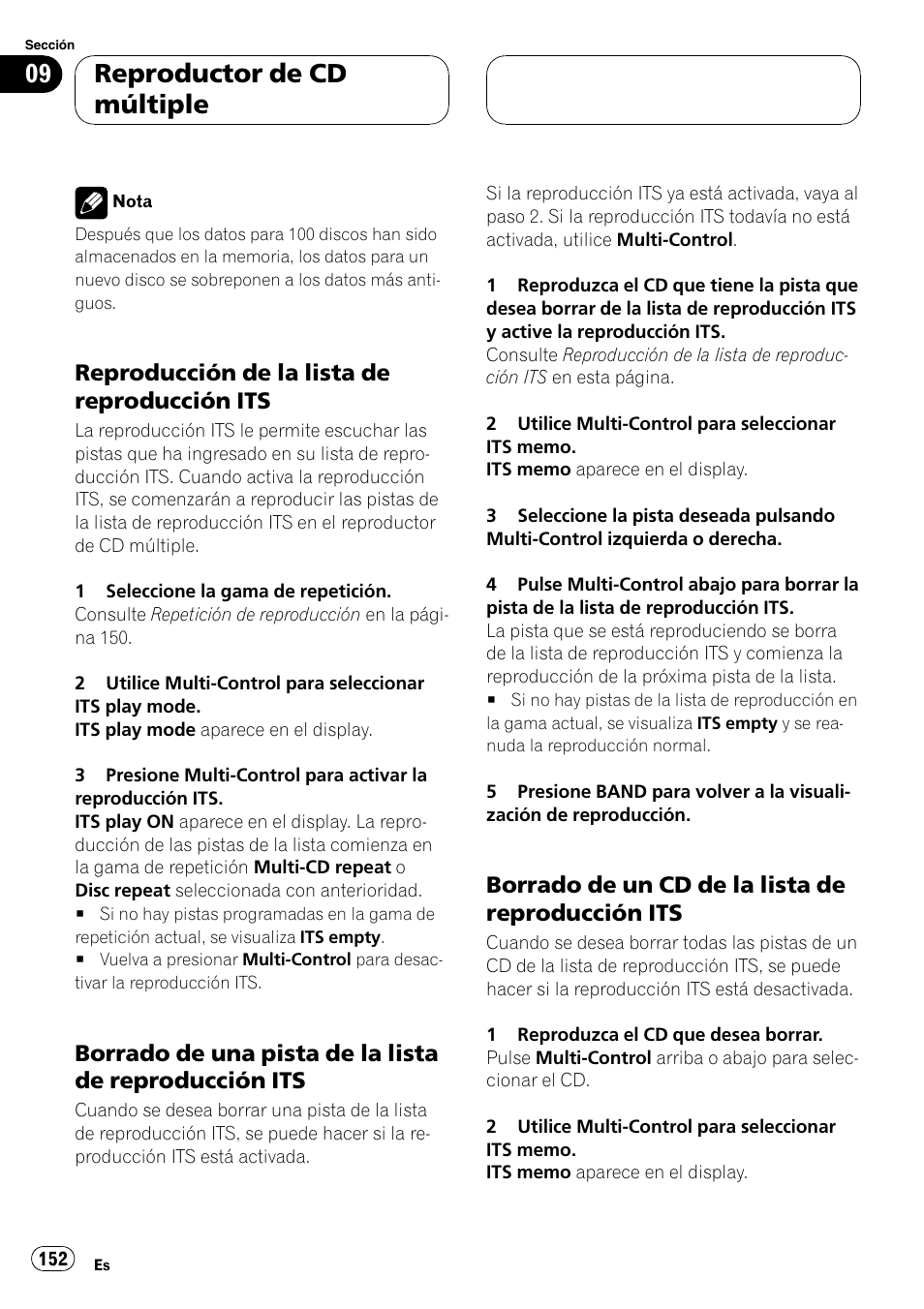 Reproducción de la lista de, Reproducción its 152, Borrado de una pista de la lista de | Borrado de un cd de la lista de, Reproductor de cd múltiple, Reproducción de la lista de reproducción its, Borrado de un cd de la lista de reproducción its | Pioneer DEH-P70BT User Manual | Page 152 / 199