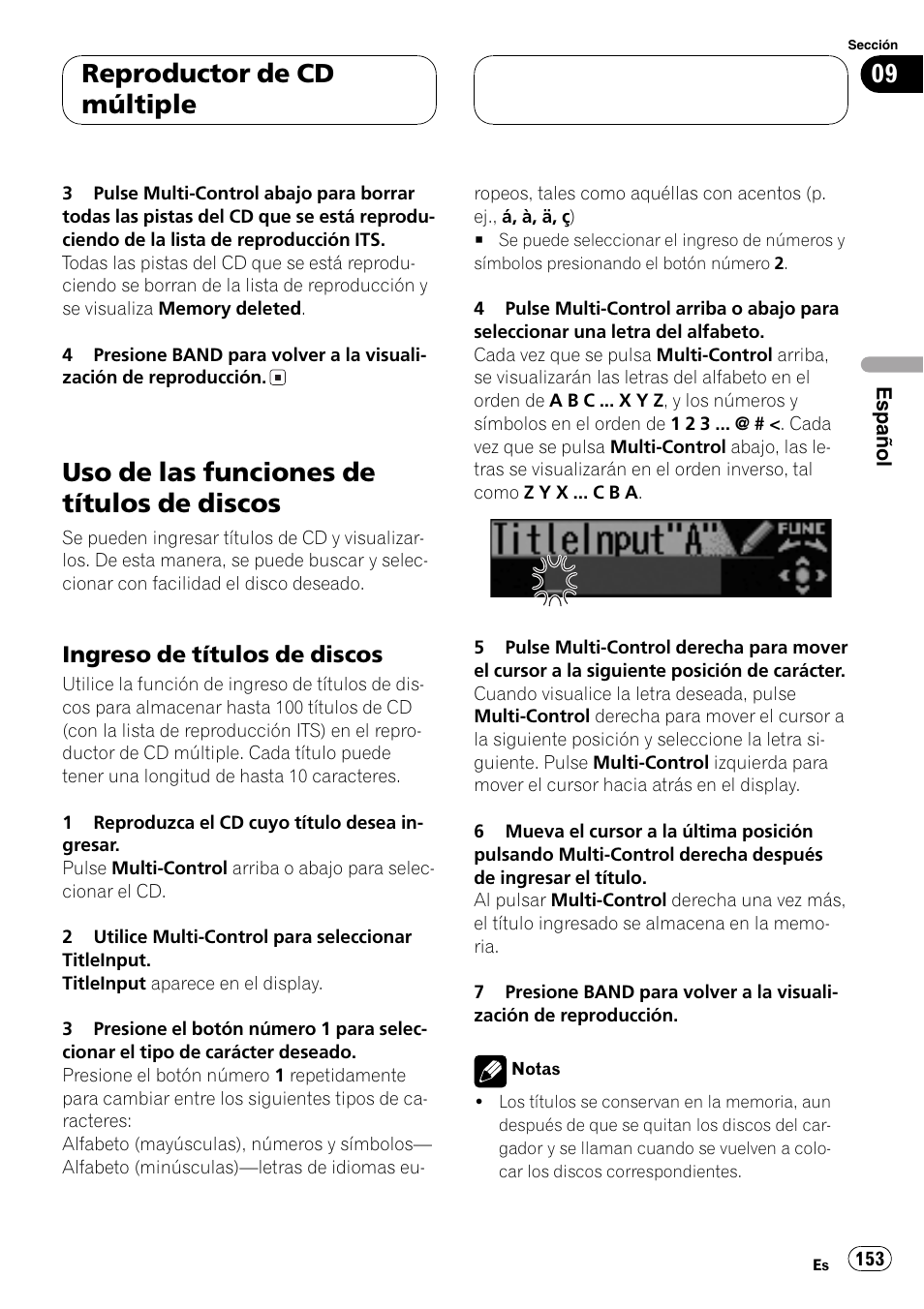 Uso de las funciones de títulos de, Discos 153, Ingreso de títulos de discos 153 | Uso de las funciones de títulos de discos, Reproductor de cd múltiple, Ingreso de títulos de discos | Pioneer DEH-P70BT User Manual | Page 153 / 199