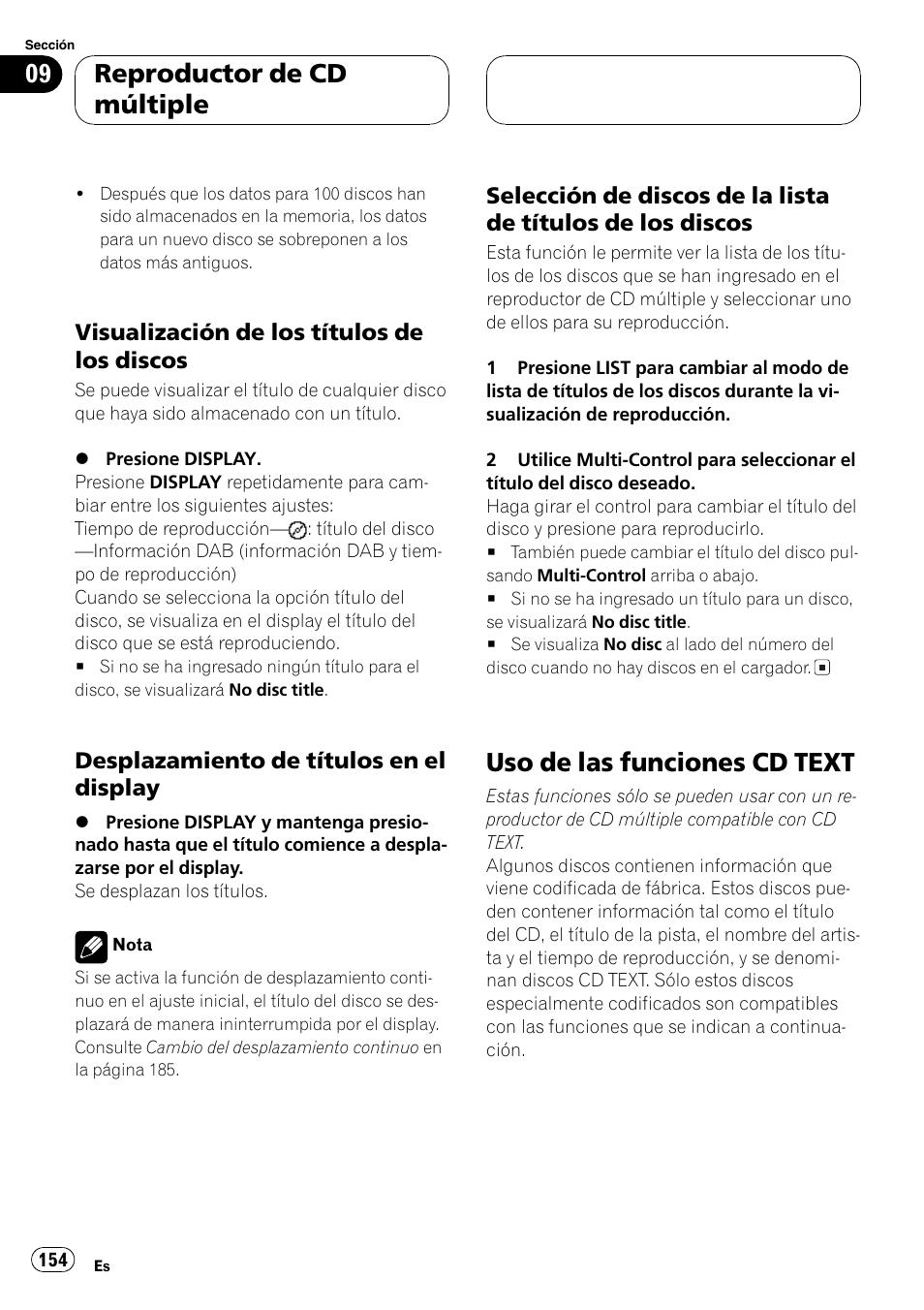 Visualización de los títulos de los, Discos 154, Desplazamiento de títulos en el | Display 154, Selección de discos de la lista de, Títulos de los discos 154, Uso de las funciones cd text 154, Selección de discos de la lista de títu, Uso de las funciones cd text, Reproductor de cd múltiple | Pioneer DEH-P70BT User Manual | Page 154 / 199