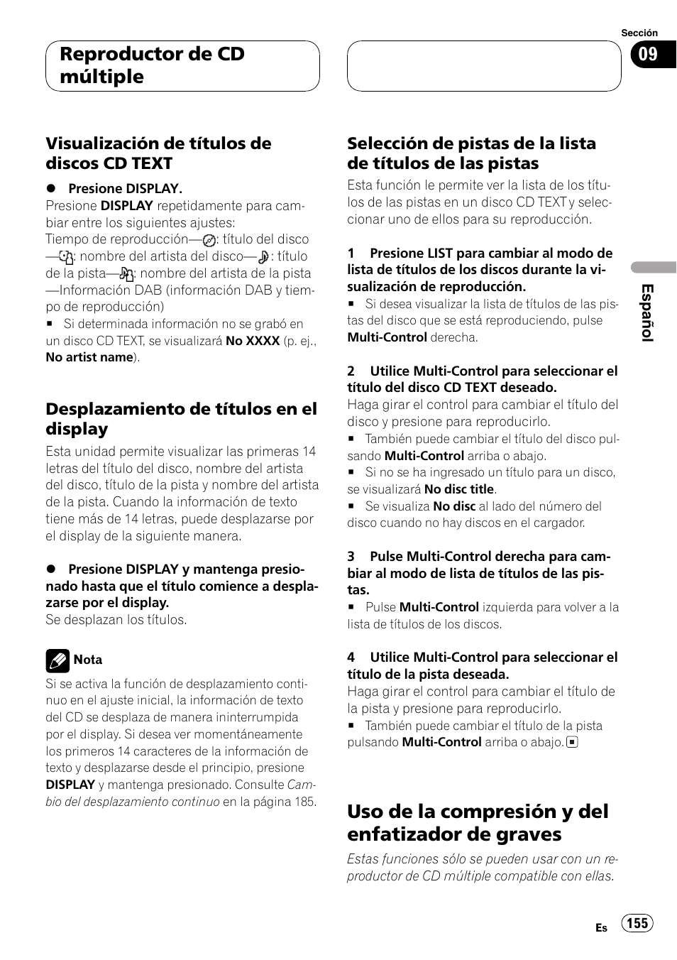 Visualización de títulos de discos cd, Text 155, Desplazamiento de títulos en el | Display 155, Selección de pistas de la lista de, Títulos de las pistas 155, Uso de la compresión y del enfatizador de, Graves 155, Uso de la compresión y del enfatizador de graves, Reproductor de cd múltiple | Pioneer DEH-P70BT User Manual | Page 155 / 199