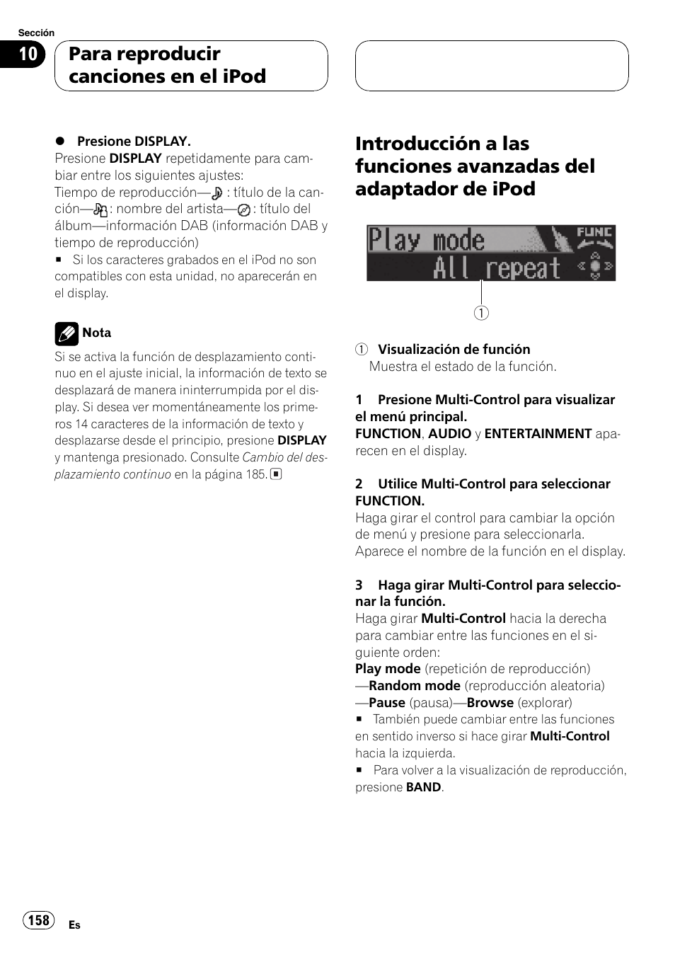 Introducción a las funciones avanzadas del, Adaptador de ipod 158, Para reproducir canciones en el ipod | Pioneer DEH-P70BT User Manual | Page 158 / 199