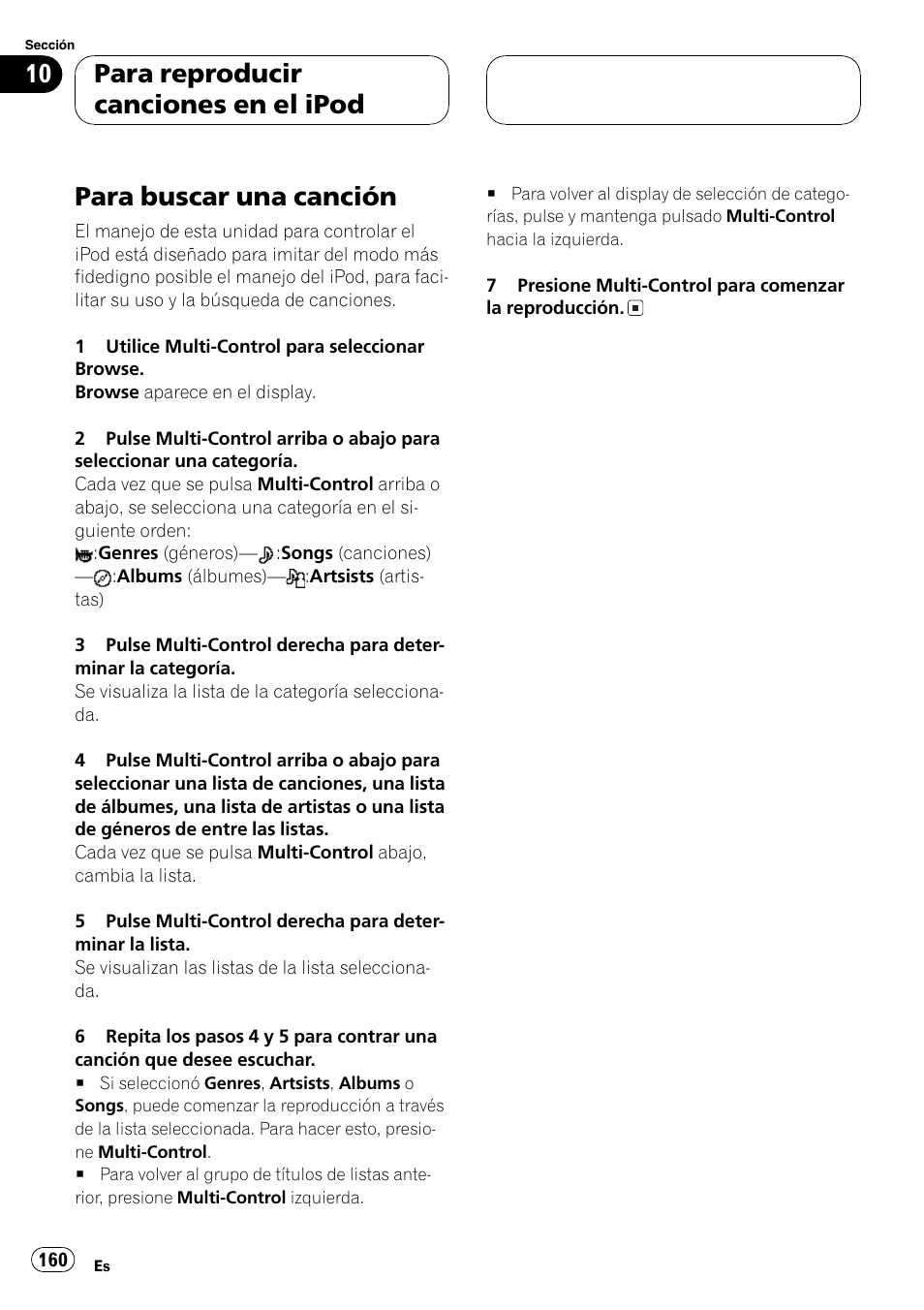 Para buscar una canción 160, Para buscar una canción, Para reproducir canciones en el ipod | Pioneer DEH-P70BT User Manual | Page 160 / 199