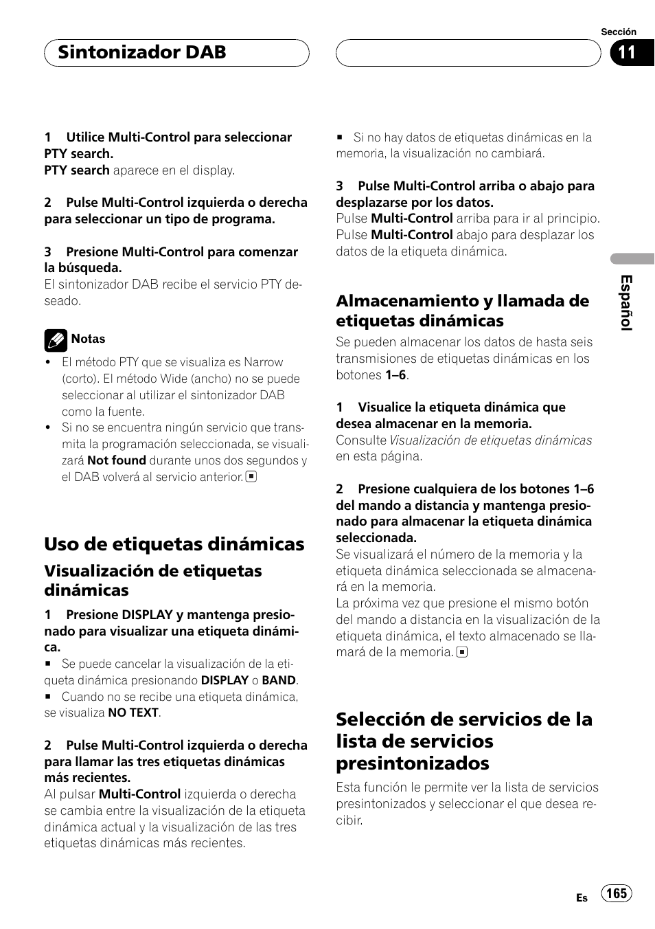 Uso de etiquetas dinámicas 165, Visualización de etiquetas, Dinámicas 165 | Almacenamiento y llamada de, Etiquetas dinámicas 165, Selección de servicios de la lista de servicios, Presintonizados 165, Uso de etiquetas dinámicas, Sintonizador dab | Pioneer DEH-P70BT User Manual | Page 165 / 199