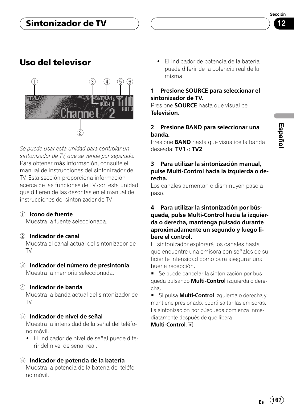 Sintonizador de tv, Uso del televisor 167, Uso del televisor | Pioneer DEH-P70BT User Manual | Page 167 / 199