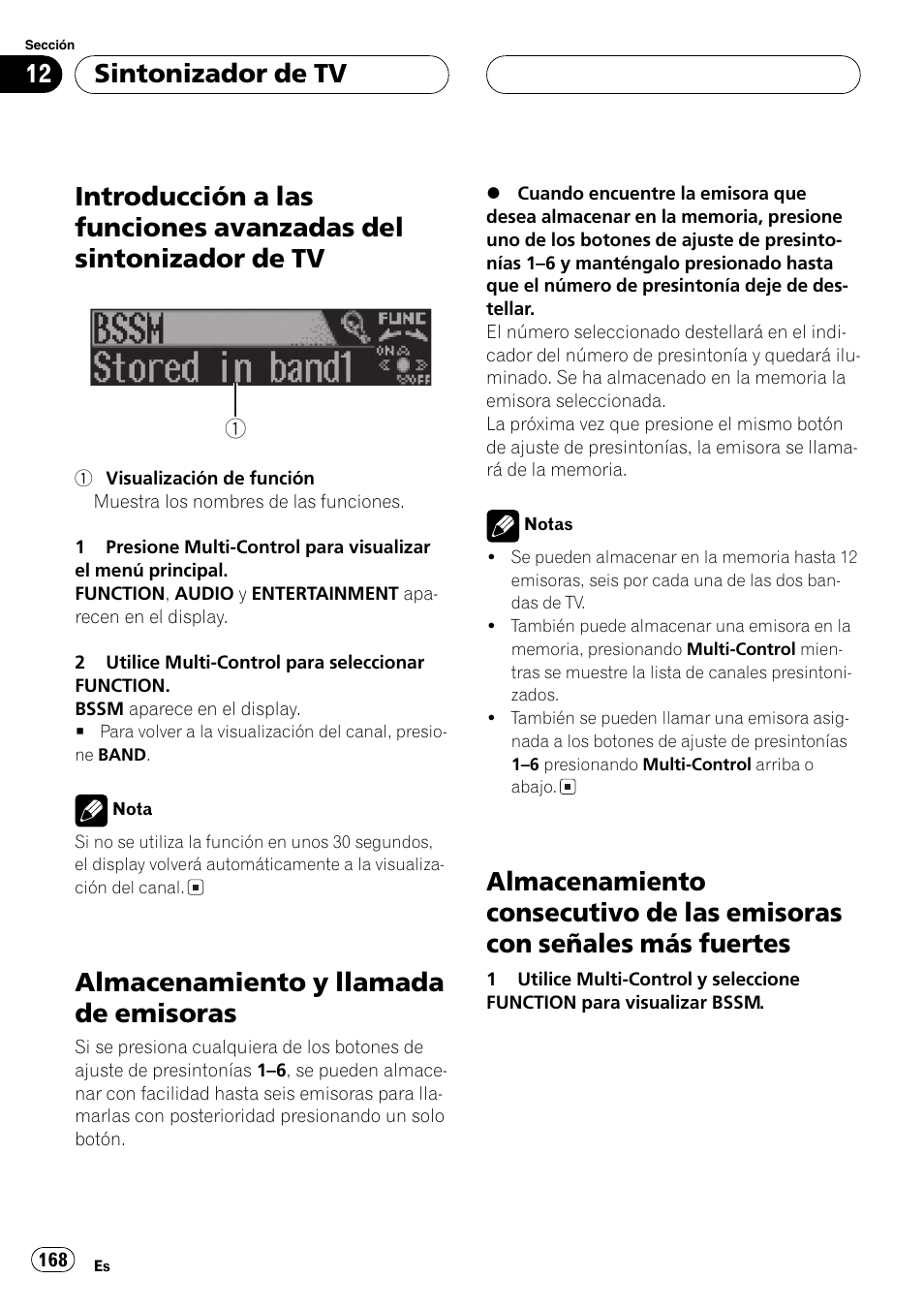 Introducción a las funciones avanzadas del, Sintonizador de tv 168, Almacenamiento y llamada de | Emisoras 168, Almacenamiento consecutivo de las, Emisoras con señales más fuertes 168, Almacenamiento y llamada de emisoras, Sintonizador de tv | Pioneer DEH-P70BT User Manual | Page 168 / 199