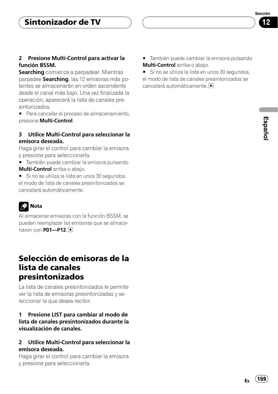 Selección de emisoras de la lista de canales, Presintonizados 169, Sintonizador de tv | Pioneer DEH-P70BT User Manual | Page 169 / 199