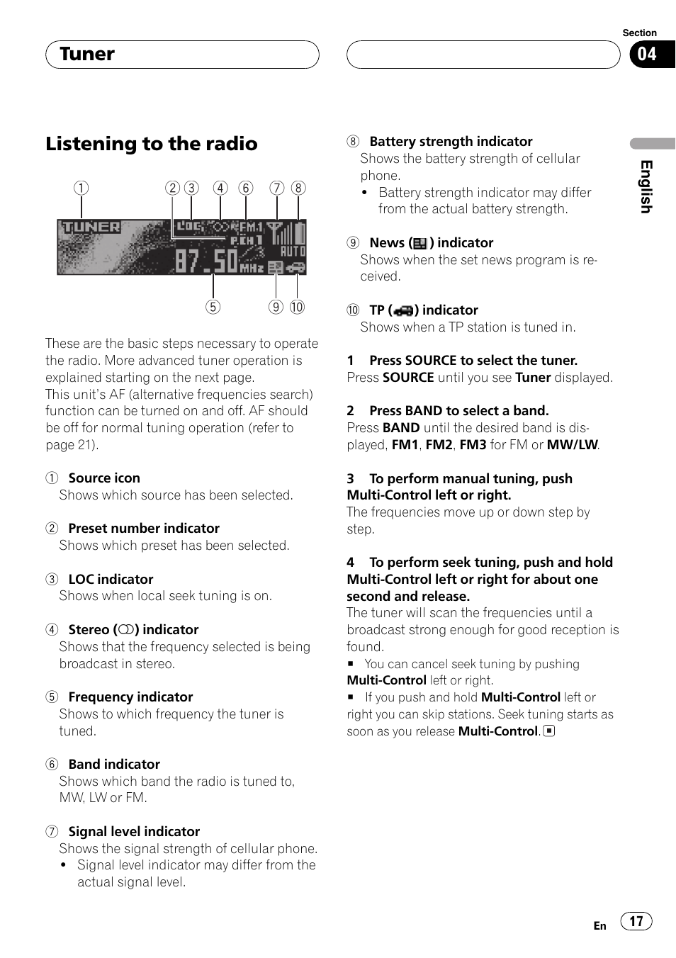 Tuner listening to the radio 17, Listening to the radio, Tuner | Pioneer DEH-P70BT User Manual | Page 17 / 199