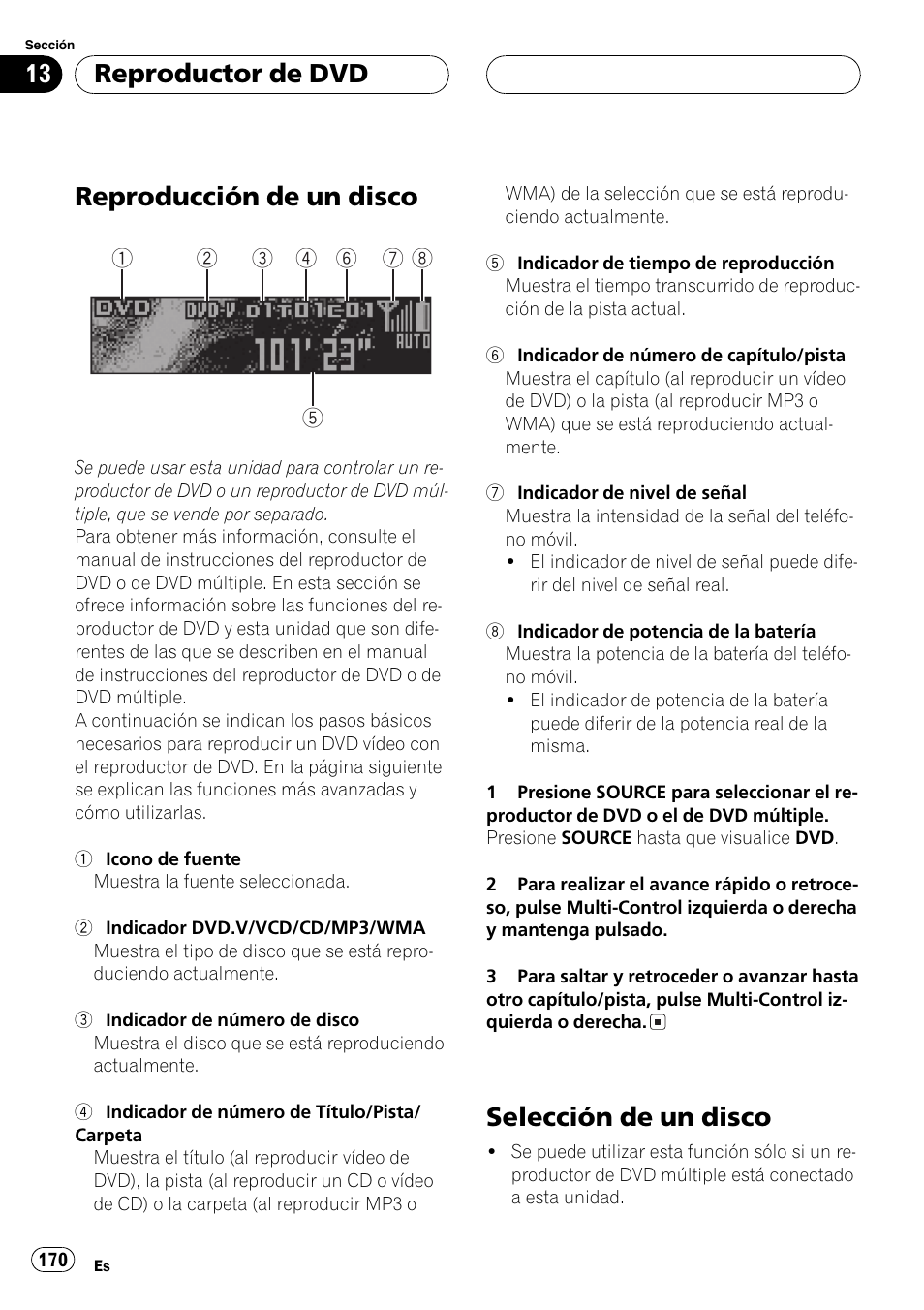 Reproductor de dvd, Reproducción de un disco 170, Selección de un disco 170 | Reproducción de un disco, Selección de un disco | Pioneer DEH-P70BT User Manual | Page 170 / 199