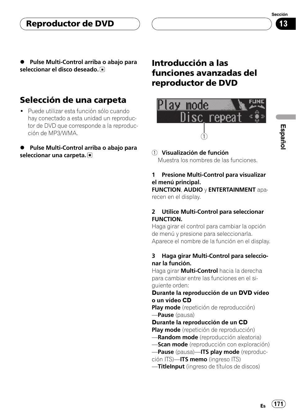 Selección de una carpeta 171, Introducción a las funciones avanzadas del, Reproductor de dvd 171 | Selección de una carpeta, Reproductor de dvd | Pioneer DEH-P70BT User Manual | Page 171 / 199
